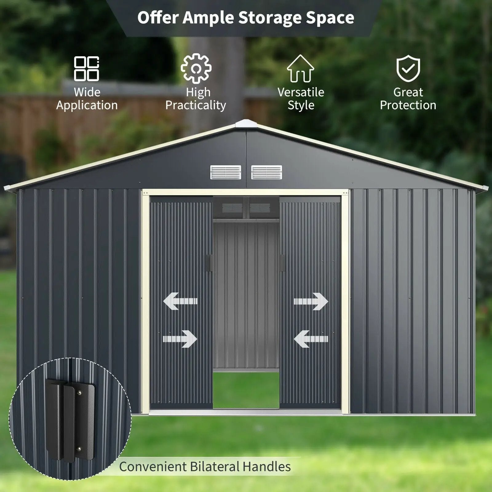 11 x 8 Feet Metal Storage Shed for Garden and Tools with 2 Lockable Sliding Doors-Gray by DirectDeals