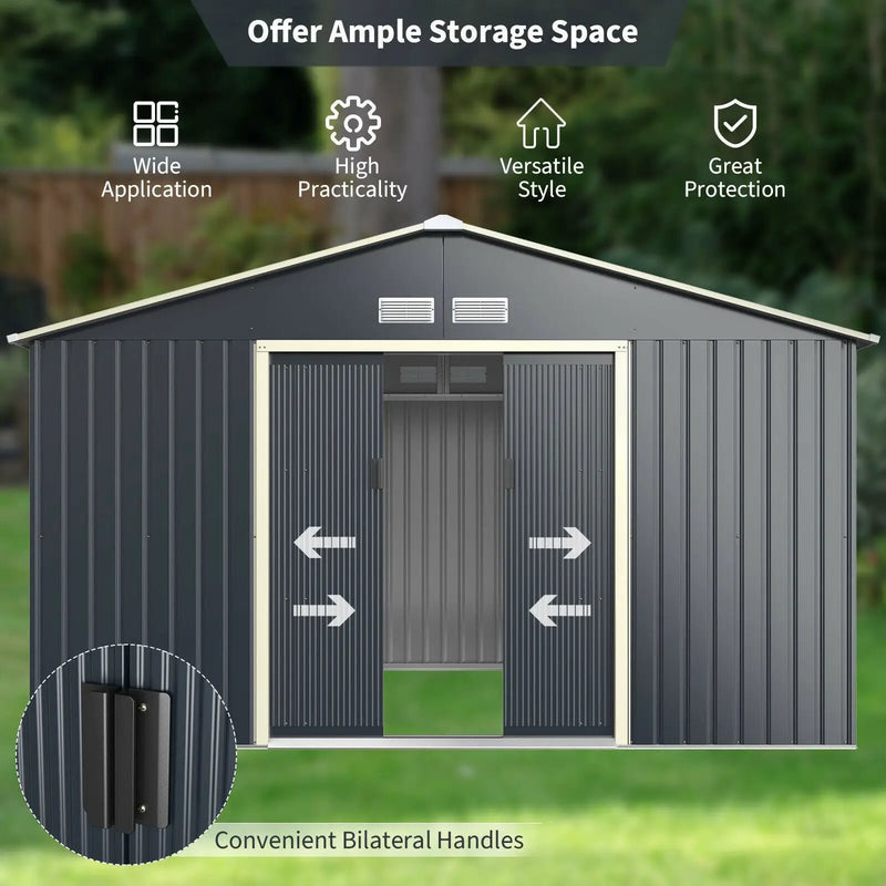 11 x 8 Feet Metal Storage Shed for Garden and Tools with 2 Lockable Sliding Doors-Gray by DirectDeals