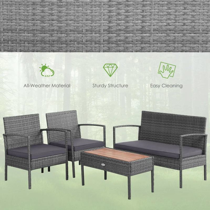 4 Pieces Rattan Patio Conversation Furniture Set with Acacia Wood Tabletop by DirectDeals