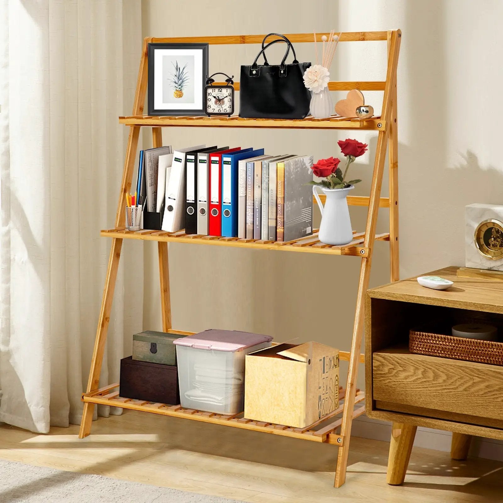 3-Tier Bamboo Foldable Plant Stand with Display Shelf Rack-Natural by DirectDeals