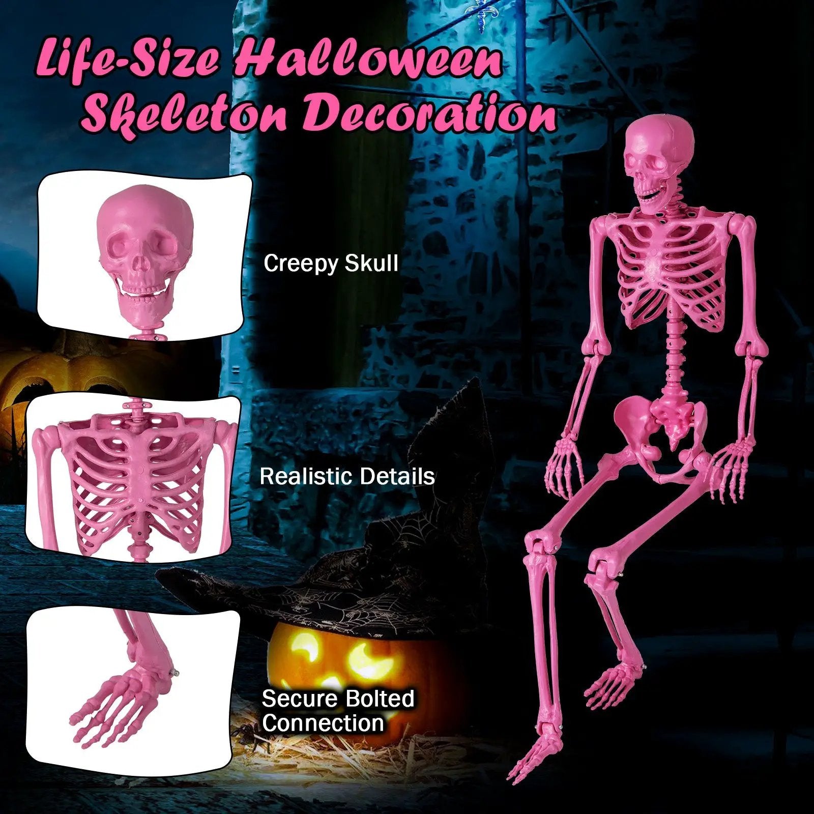 5.5 FT Life-Size Halloween Poseable Skeleton Pink Movable Joints by DirectDeals