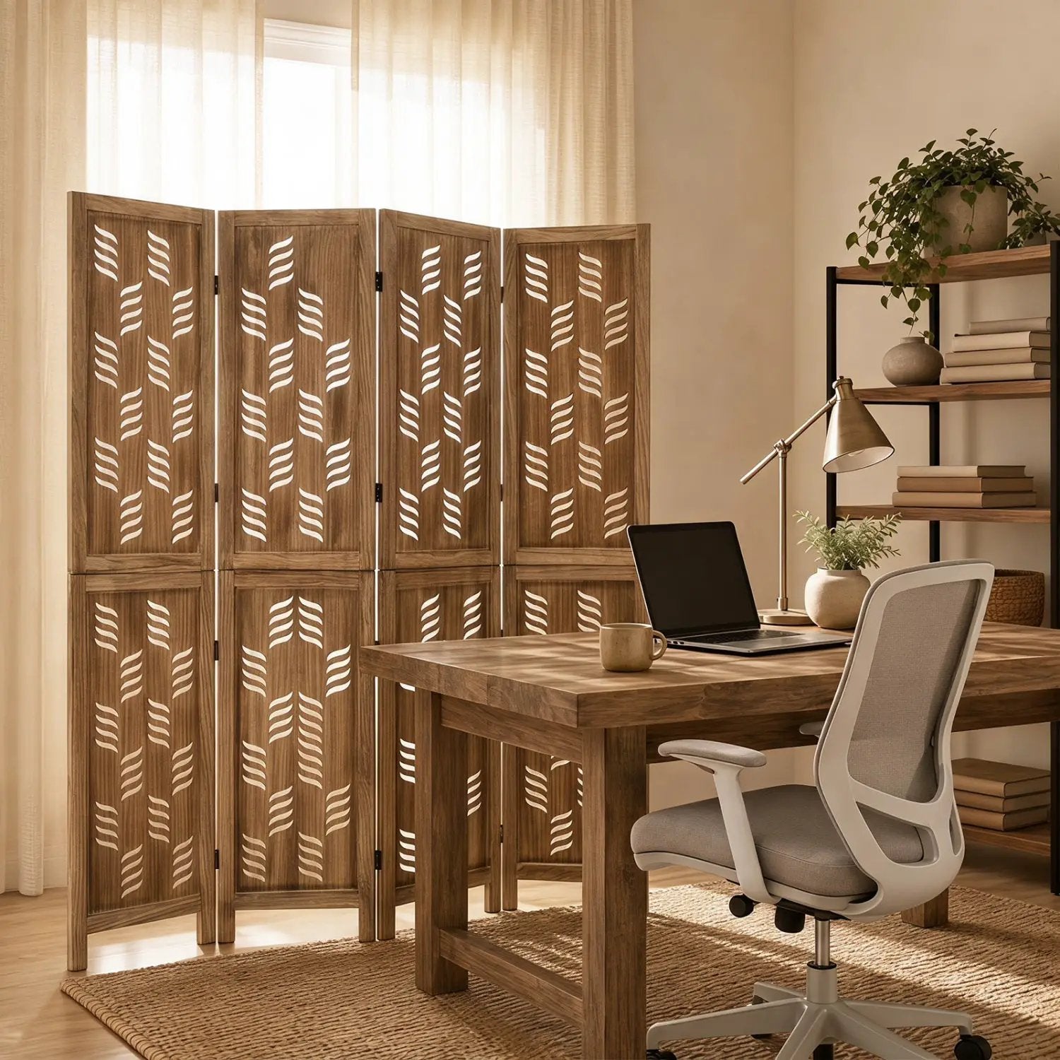 4-Panel Room Divider with Wave Cutout & Paulownia Frame by DirectDeals