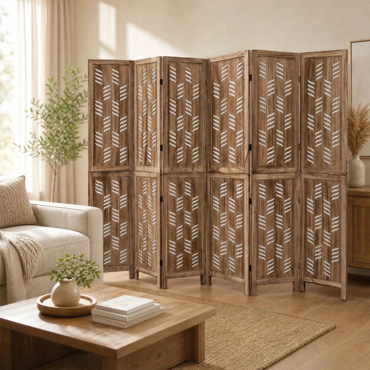 6-Panel Room Divider with Wave Cutout - 95" Paulownia Wood by DirectDeals
