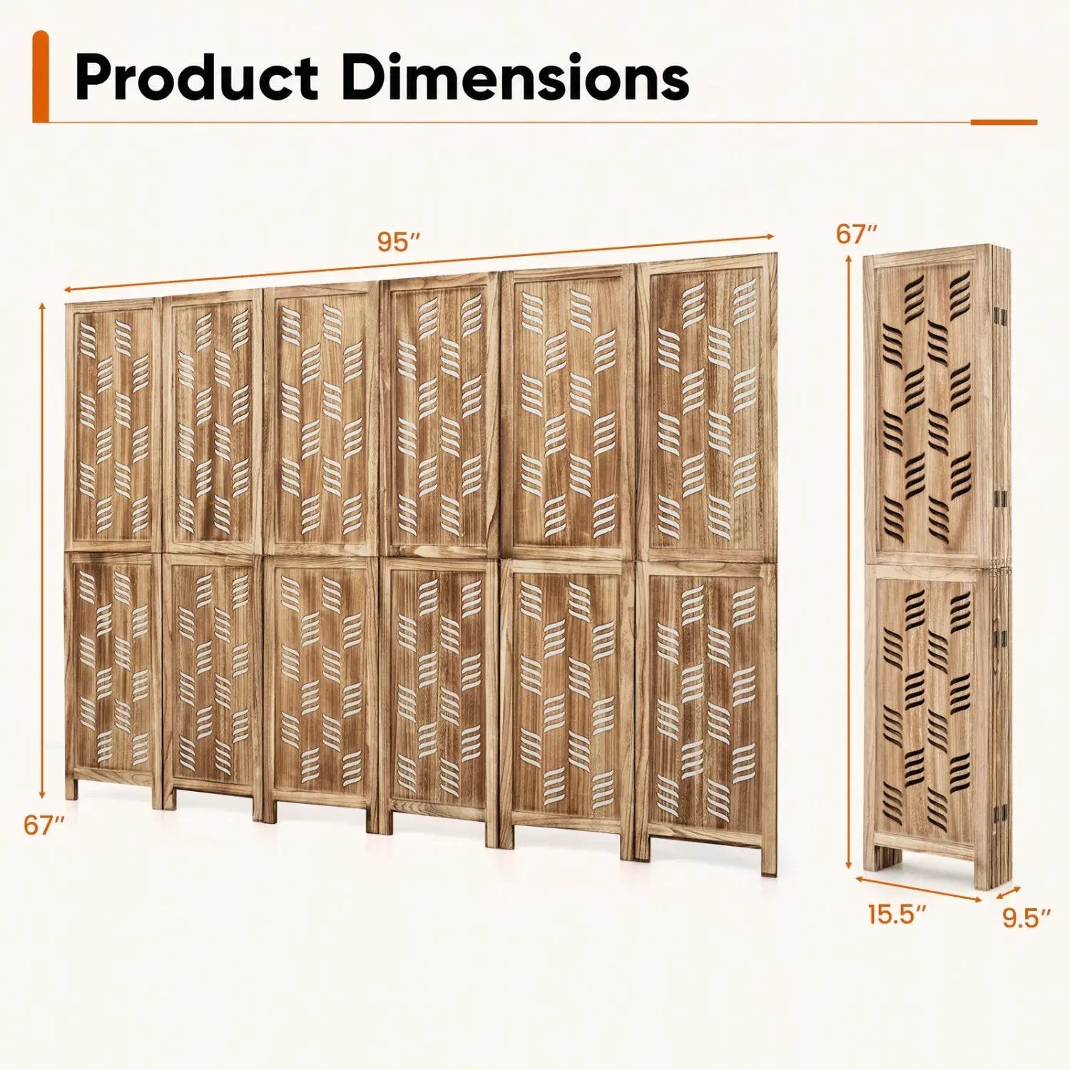 6-Panel Room Divider with Wave Cutout - 95" Paulownia Wood by DirectDeals