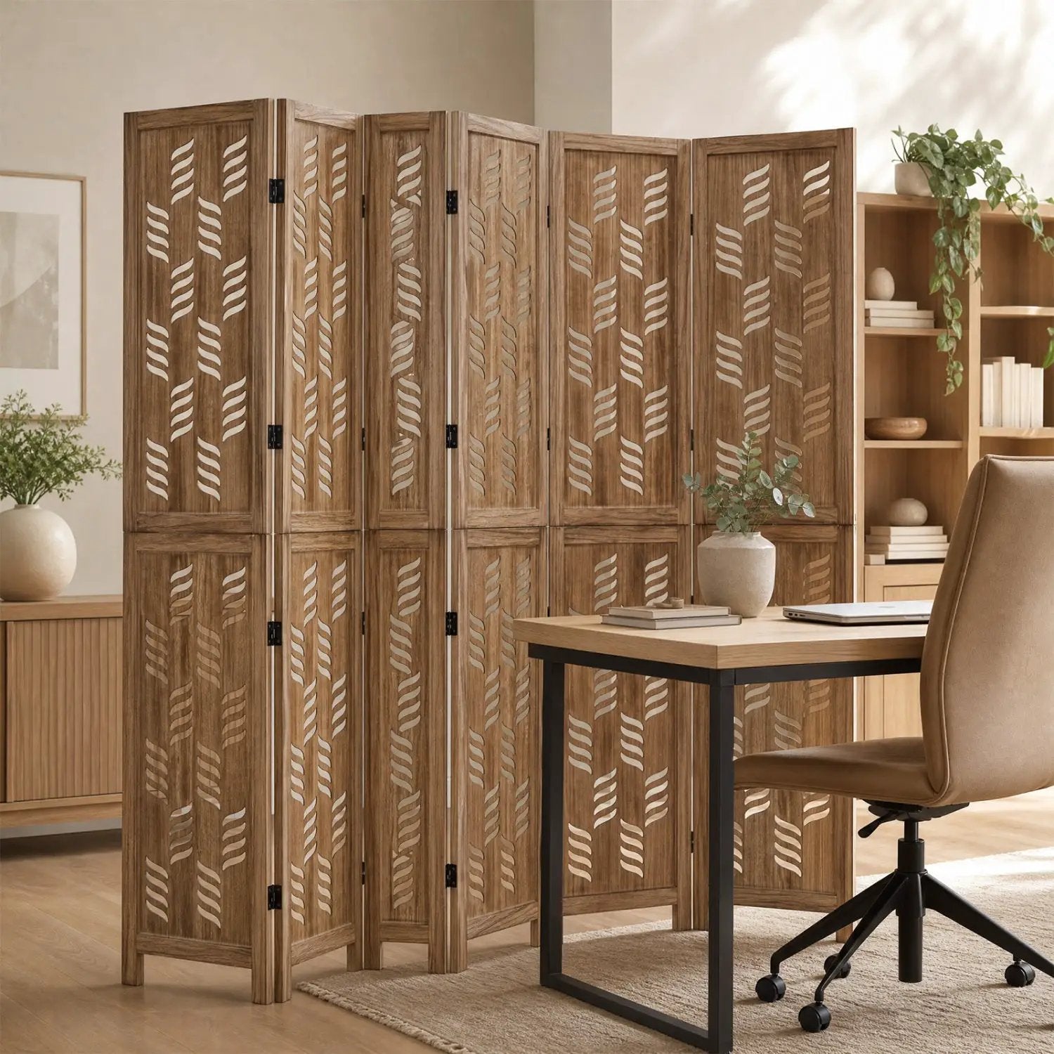 6-Panel Room Divider with Wave Cutout - 95" Paulownia Wood by DirectDeals