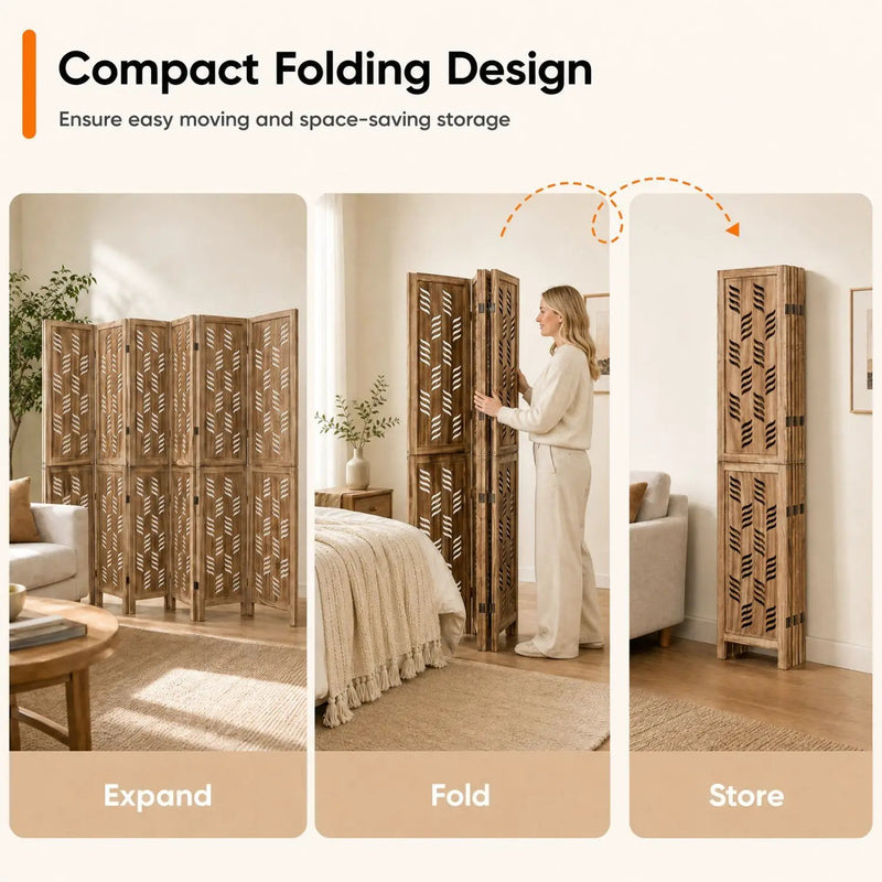 6-Panel Room Divider with Wave Cutout - 95" Paulownia Wood by DirectDeals