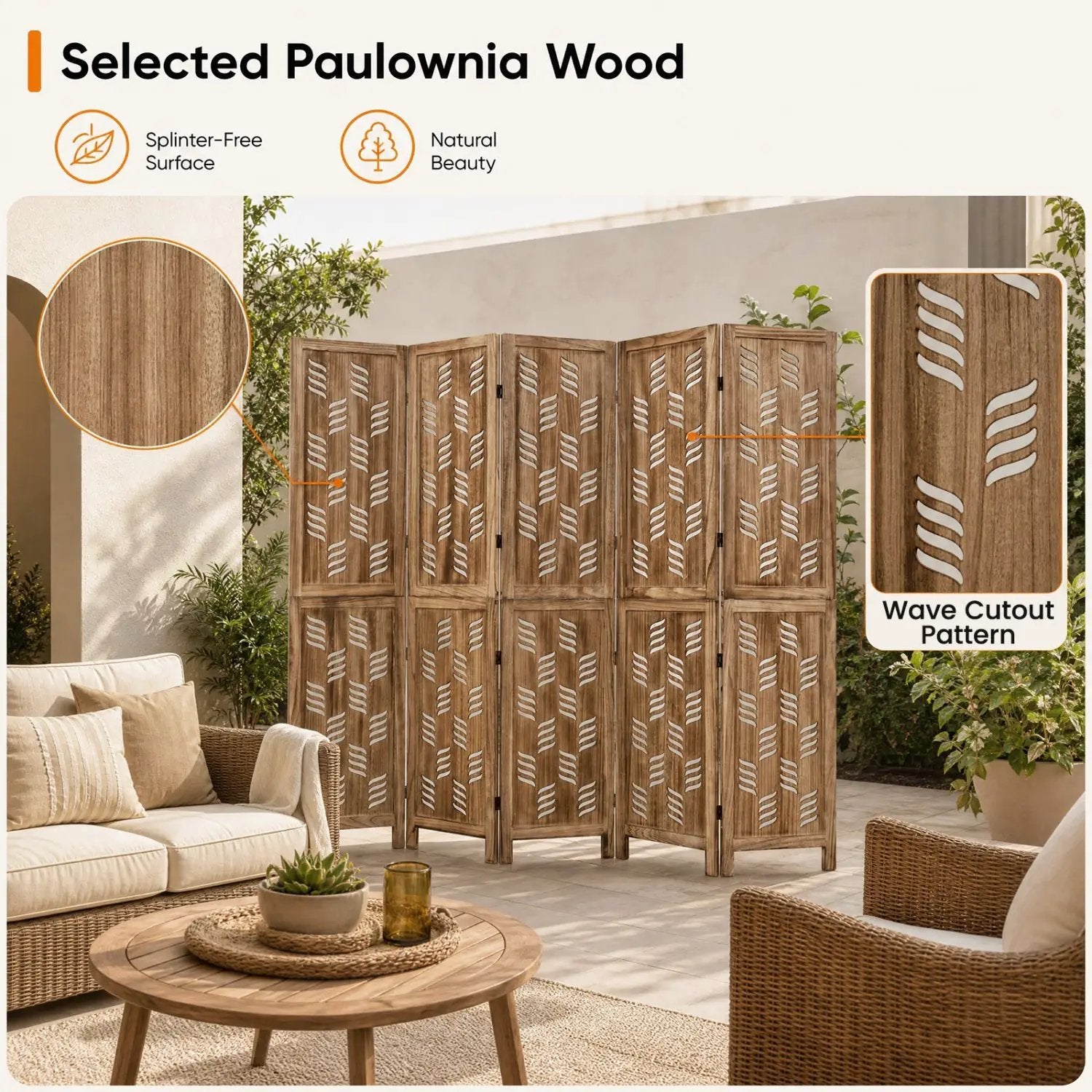 6-Panel Room Divider with Wave Cutout - 95" Paulownia Wood by DirectDeals