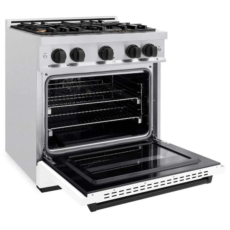 ZLINE 30"Classic Gas Range, Convection Gas Oven, DuraSnow® Stainless Steel, White Matte Door Matte Black CGRSZ-WM-30-MB by Farmhouse Kitchen and Bath
