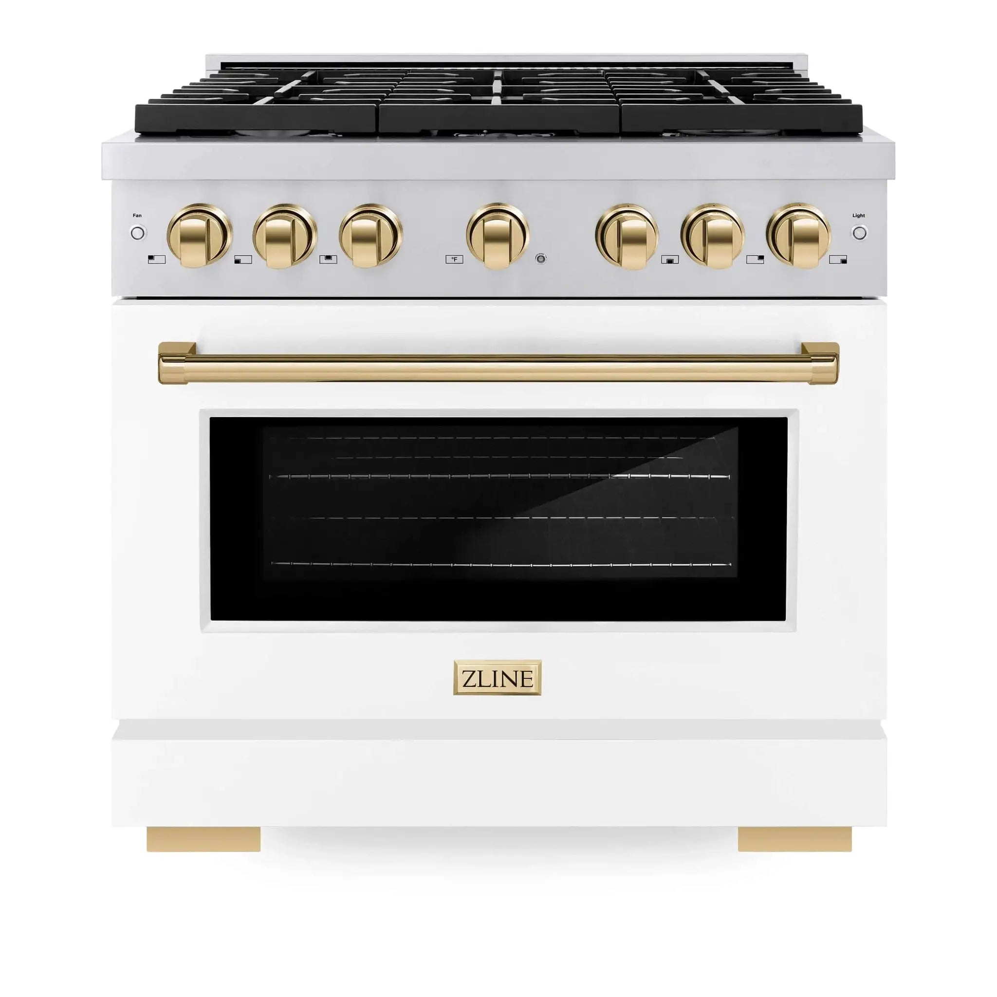 ZLINE 36"Paramount Dual Fuel Range White Matte Gold SDRZ-WM-36-G by Farmhouse Kitchen and Bath