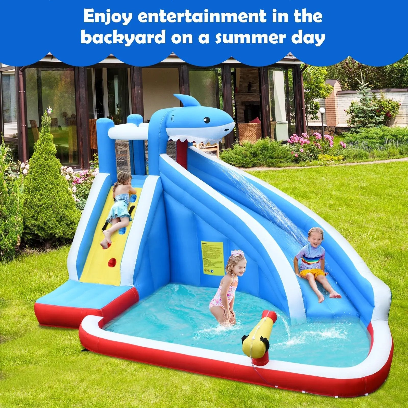 Inflatable Shark Bounce House with Water Slide and Climbing Wall without Blower by DirectDeals