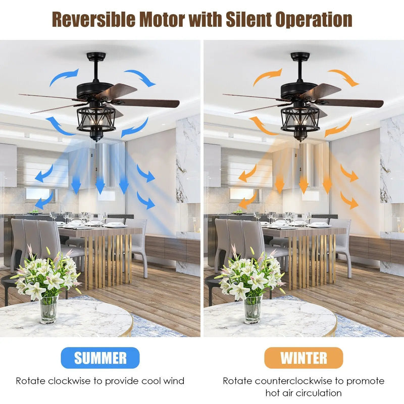 50 Inches Ceiling Fan with Lights Reversible Blades and Pull Chain Control-Black by DirectDeals