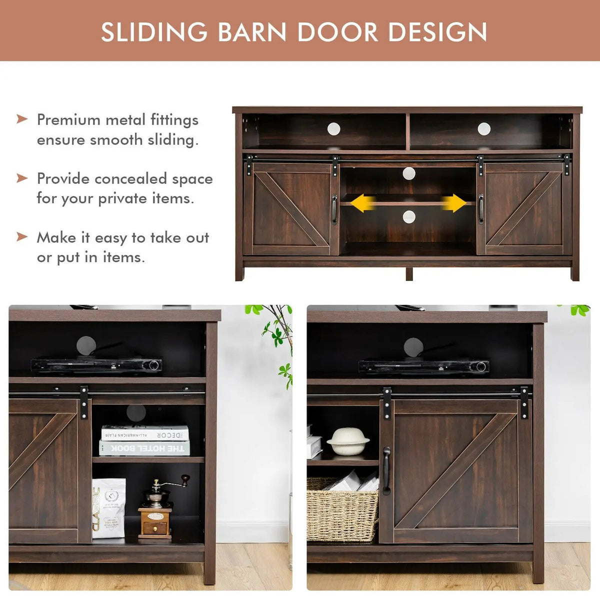 59 Inch Sliding Barn Door TV Stand with Adjustable Shelves for TVs up to 65 Inch, photo 6 of 24