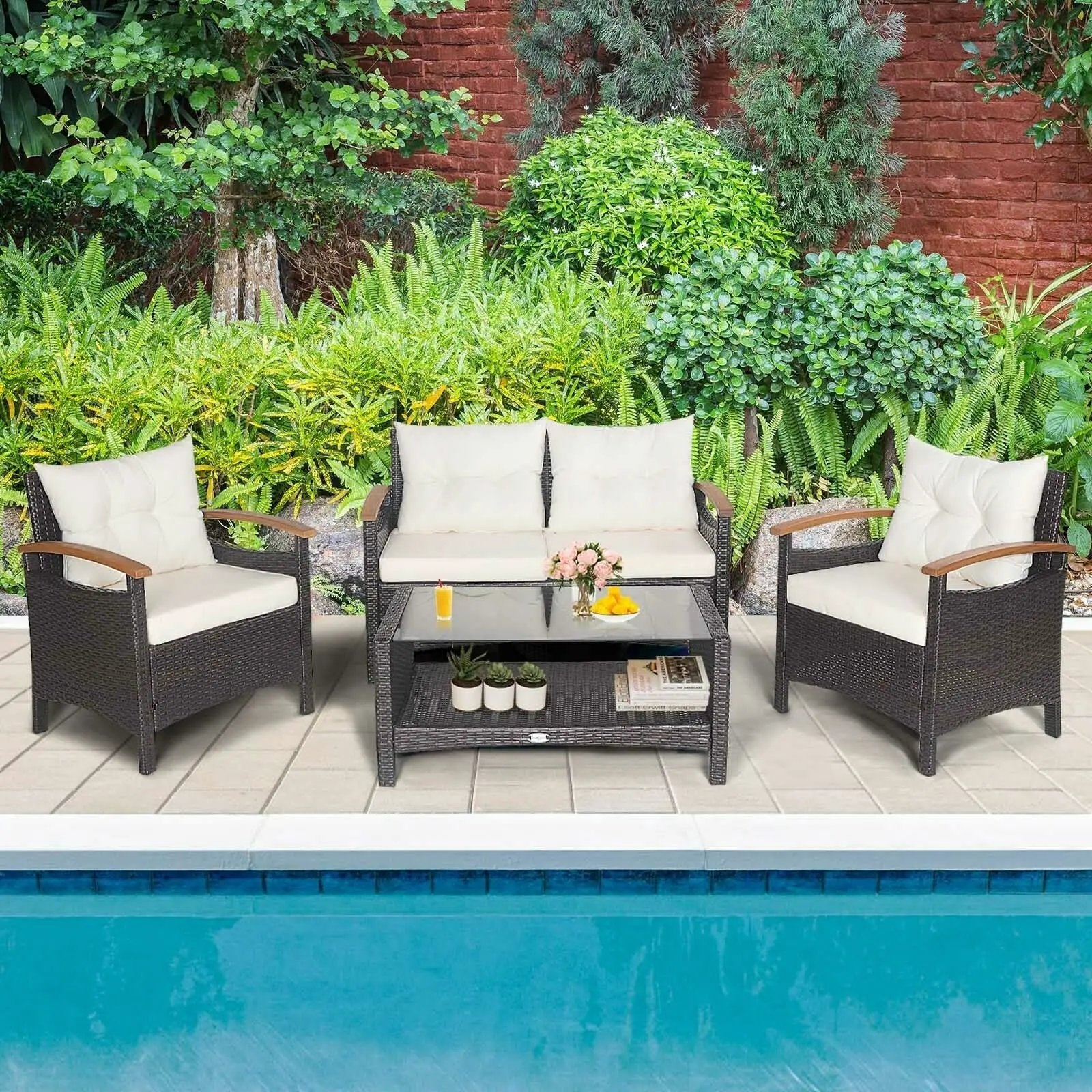 4 Pieces Patio Rattan Furniture Set with Cushioned Sofa and Storage Table by DirectDeals