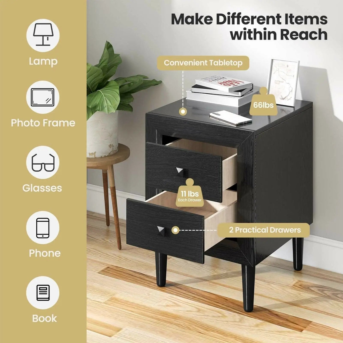 2PCS Nightstand W/2 Drawer Multipurpose, photo 7 of 9