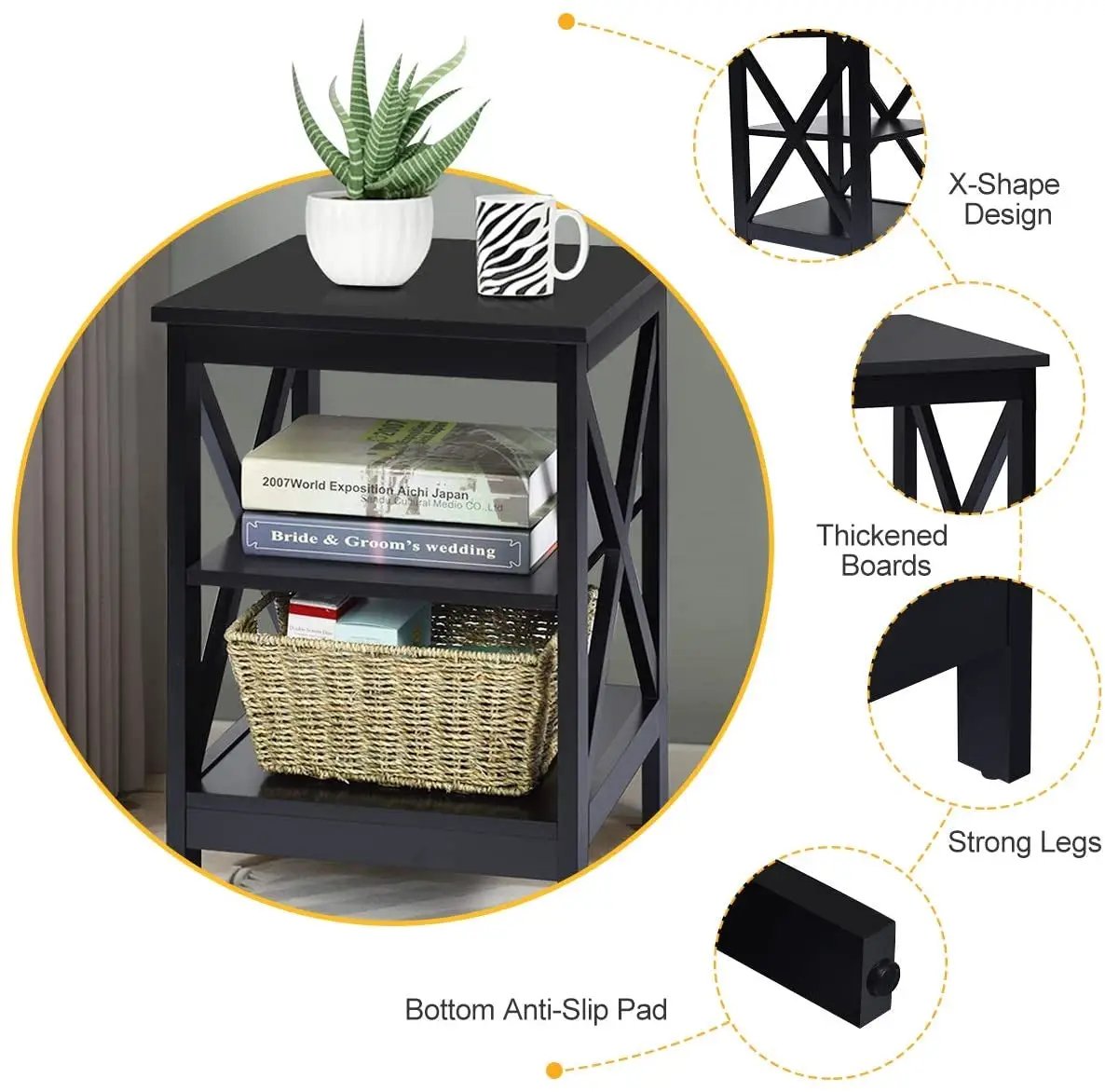 3-Tier X-Design Nightstands with Storage Shelves for Living Room Bedroom, photo 30 of 31
