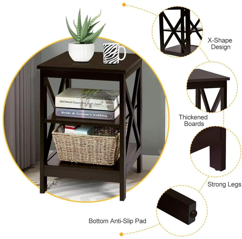 3-Tier X-Design Nightstands with Storage Shelves for Living Room Bedroom by DirectDeals