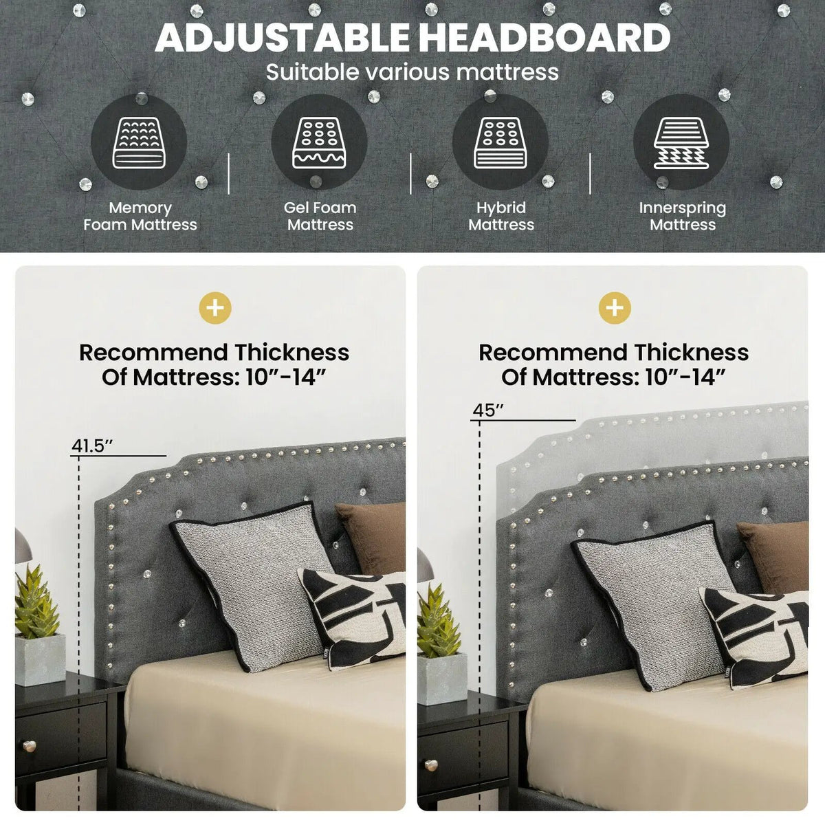 Upholstered Bed Frame with Adjustable Diamond Button Headboard, photo 2 of 9
