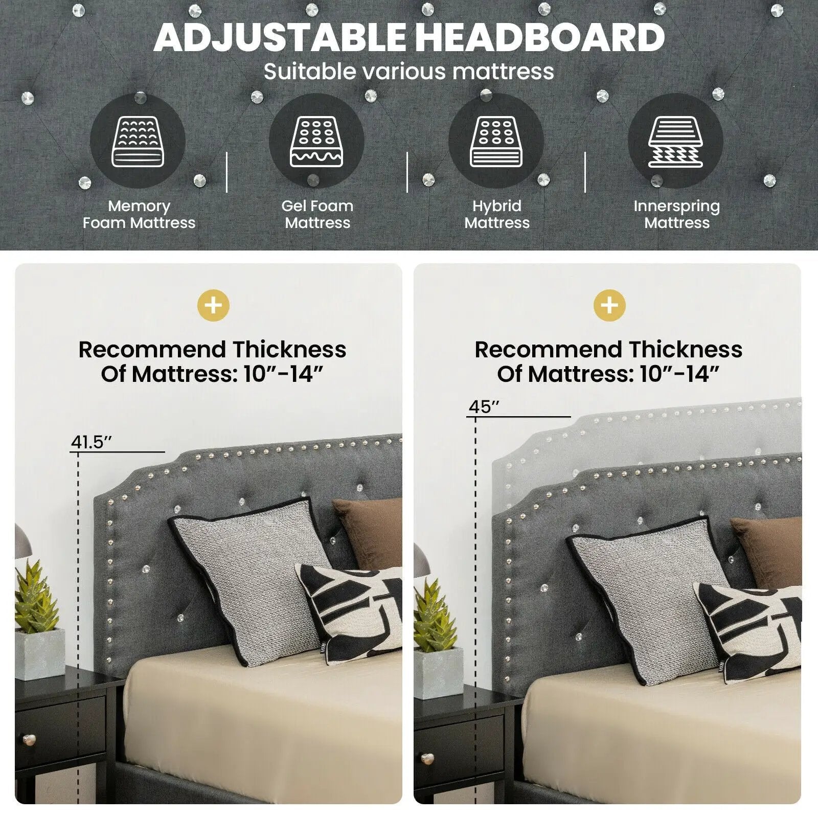 Upholstered Bed Frame with Adjustable Diamond Button Headboard by DirectDeals