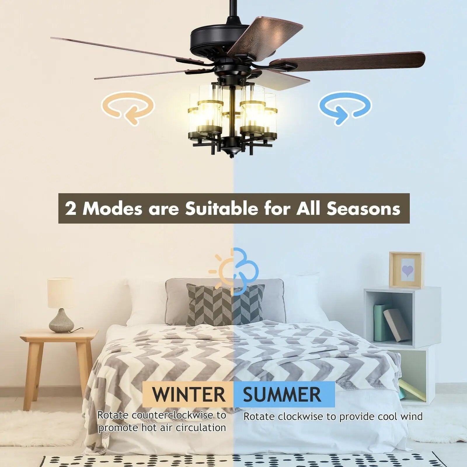 50 Inch Noiseless Ceiling Fan Light with Explosion-proof Glass Lampshades-Black by DirectDeals
