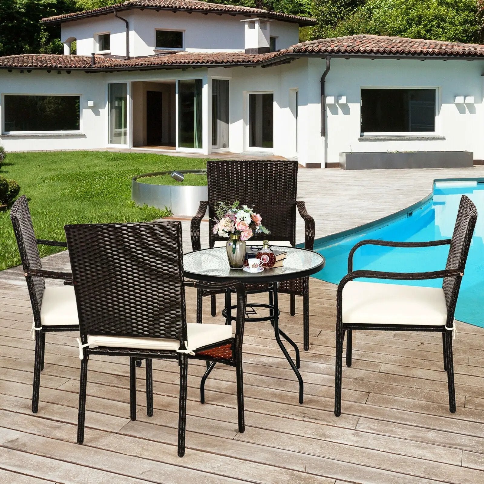 Set of 4 Patio Rattan Stackable Dining Chair with Cushioned Armrest for Garden by DirectDeals