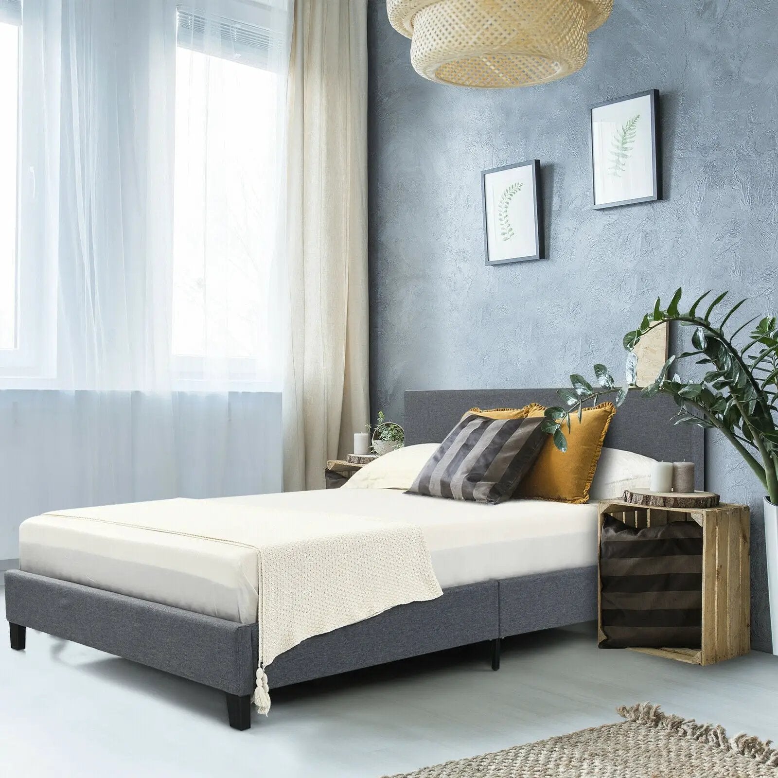 Full/Queen Size Upholstered Platform Bed Frame with Linen Headboard by DirectDeals