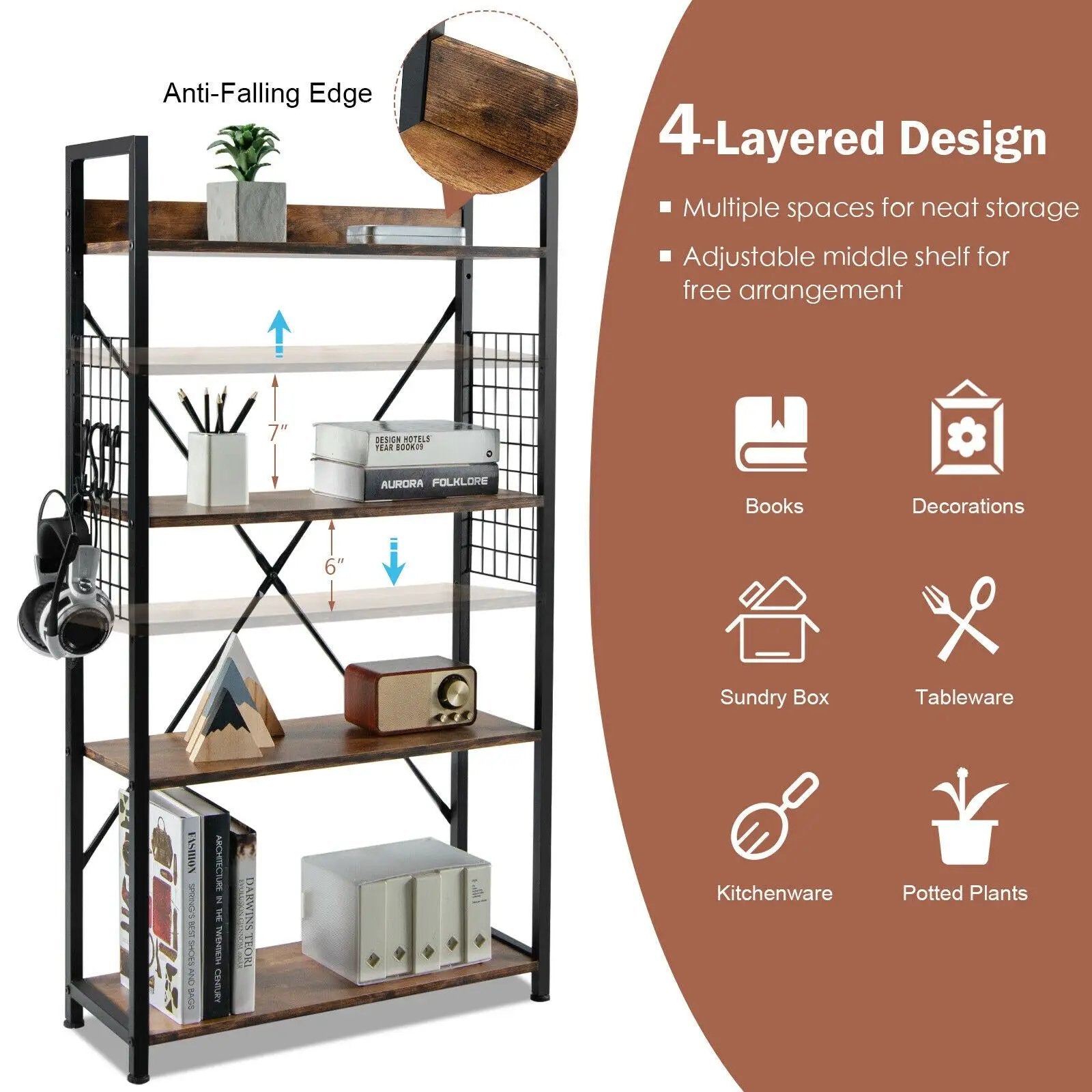 4 -Tier Industrial Open Storage Bookshelf-Coffee by DirectDeals