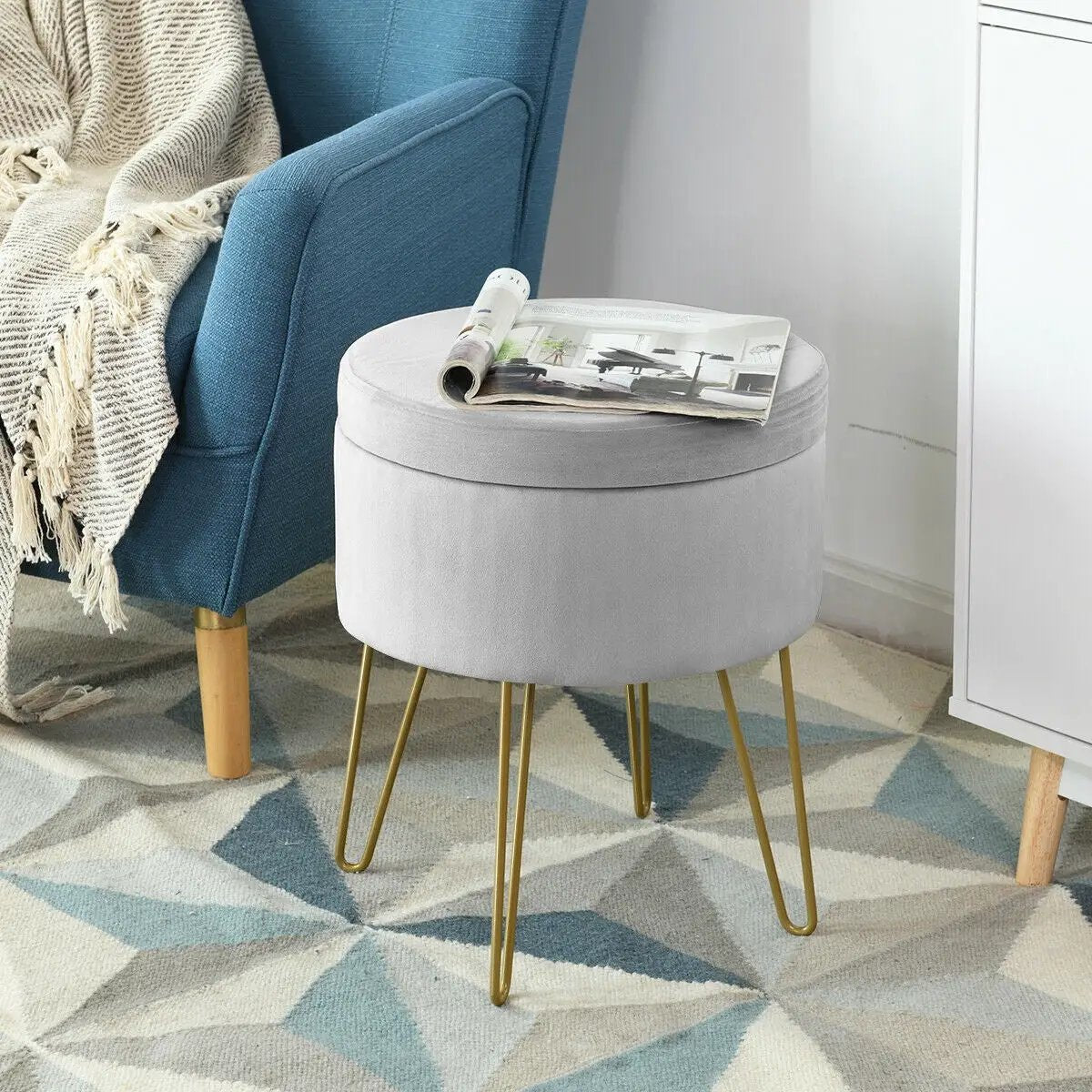 Round Velvet Storage Ottoman Footrest Stool Vanity Chair with Metal Legs, photo 13 of 24