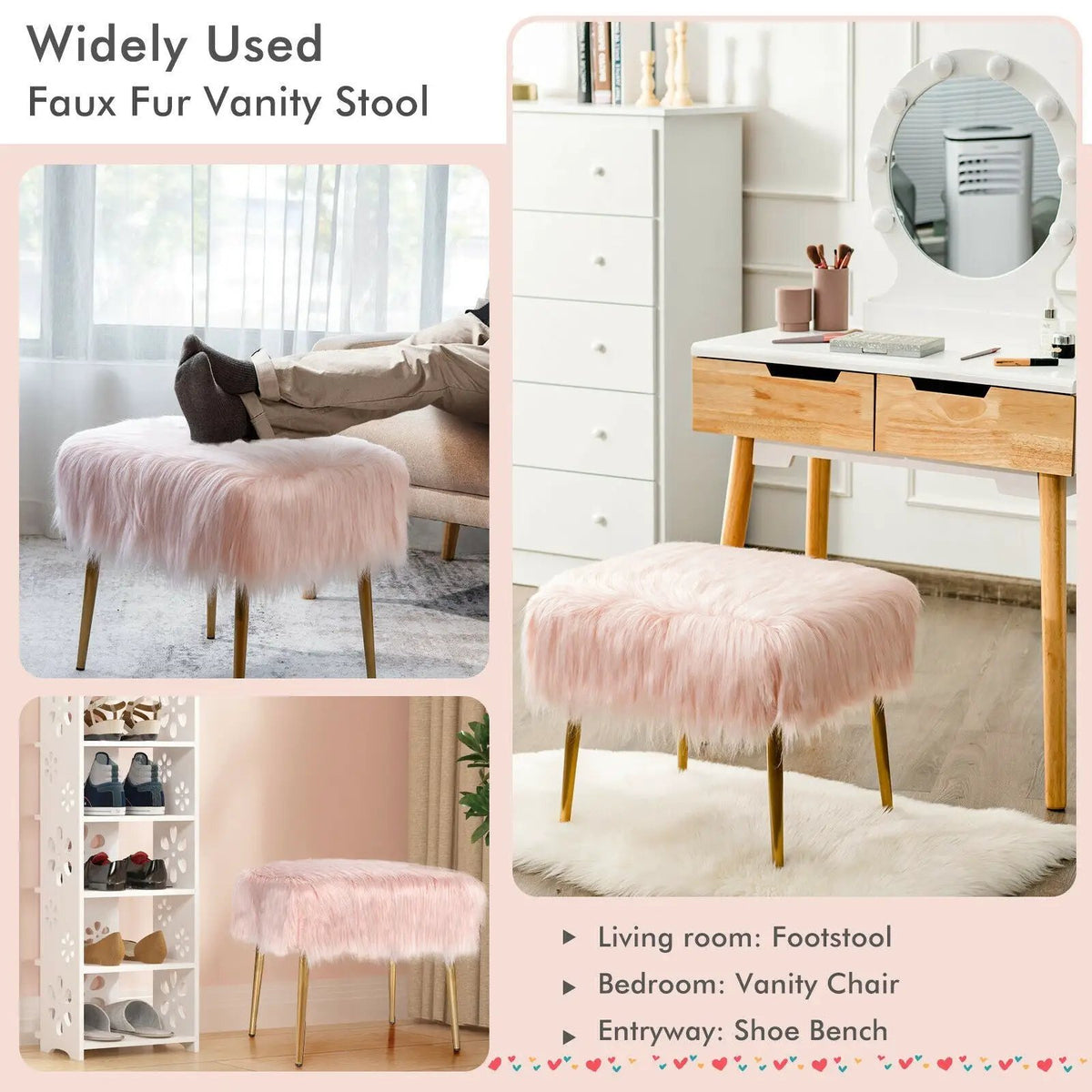 Faux Fur Vanity Stool with Golden Metal Legs for Makeup Room, photo 6 of 16