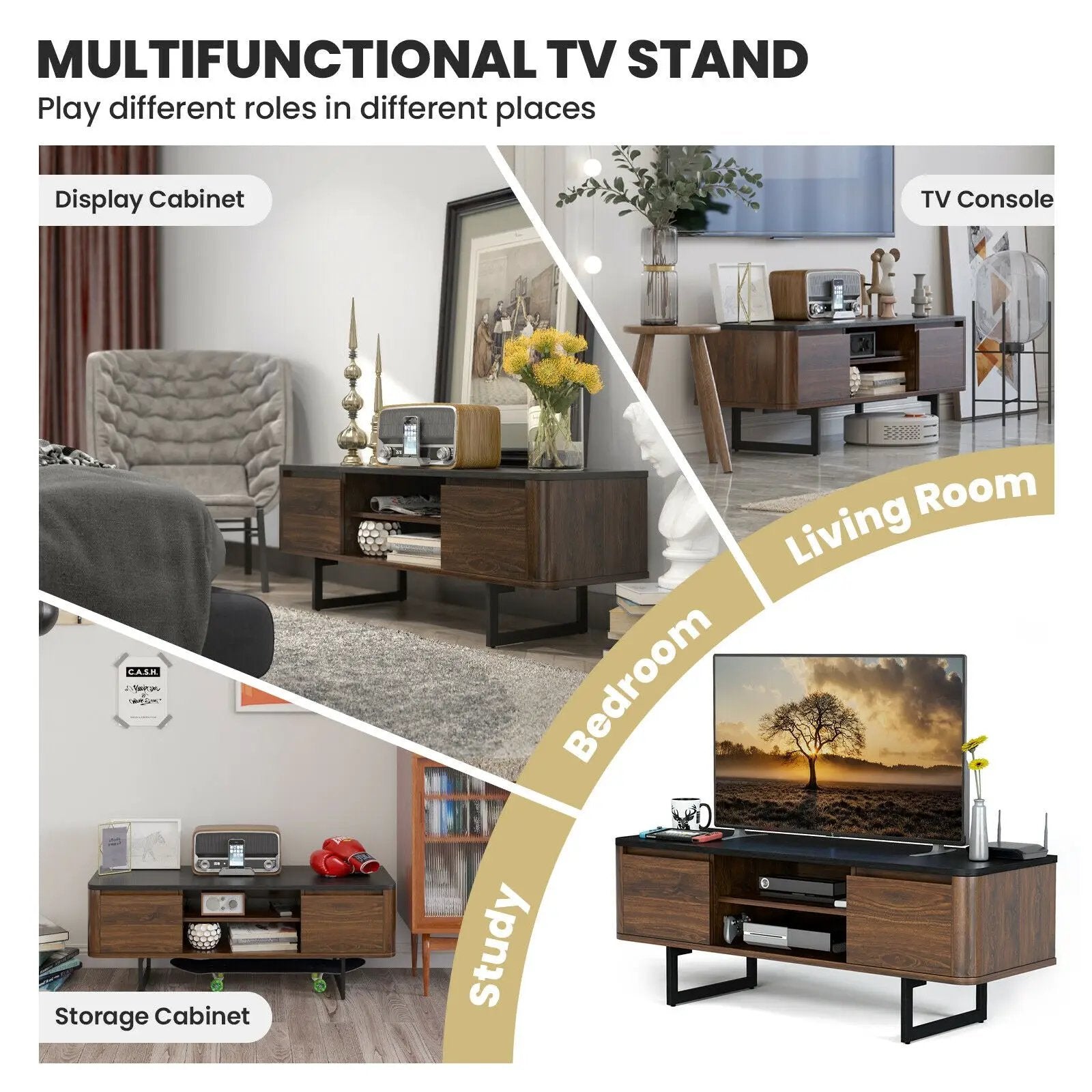Wooden TV Stand with 2-Door Storage Cabinets for for TVs up to 55 Inch by DirectDeals