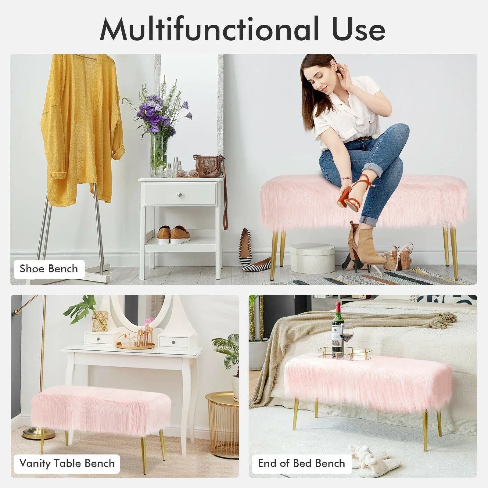Upholstered Faux Fur Vanity Stool with Golden Legs for Makeup Room by DirectDeals