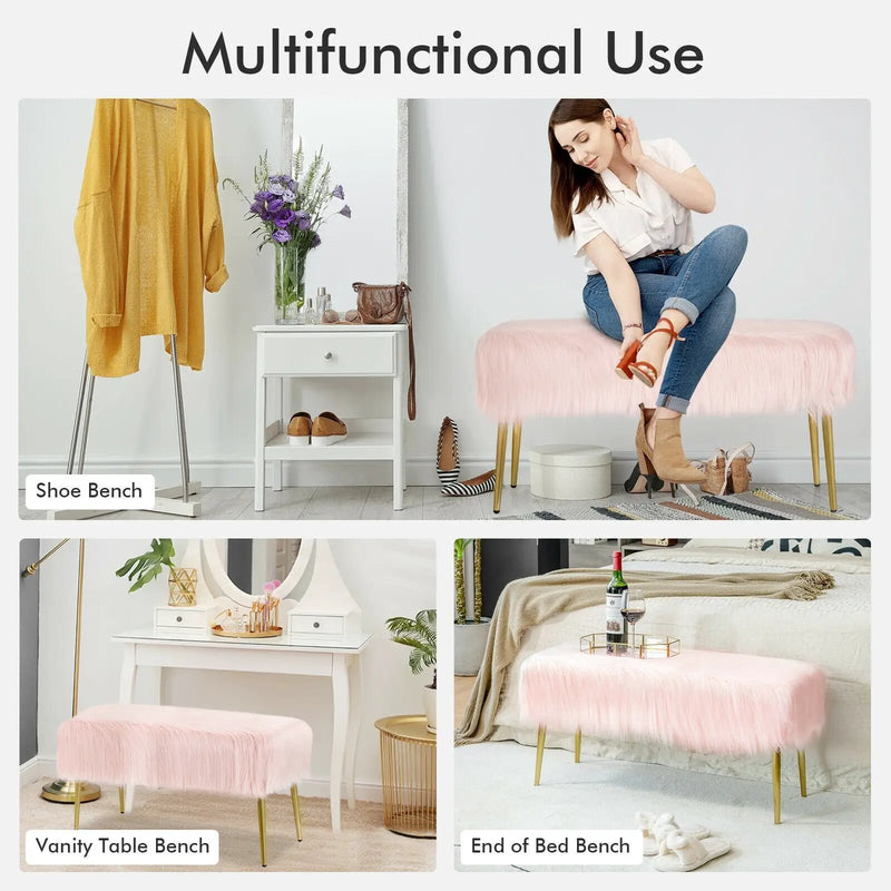 Upholstered Faux Fur Vanity Stool with Golden Legs for Makeup Room by DirectDeals