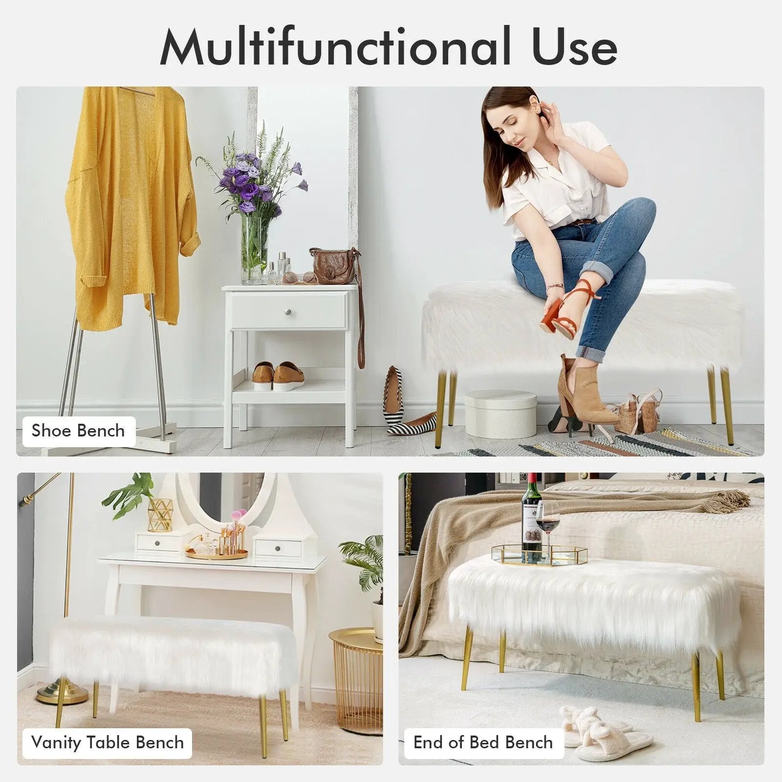 Upholstered Faux Fur Vanity Stool with Golden Legs for Makeup Room by DirectDeals
