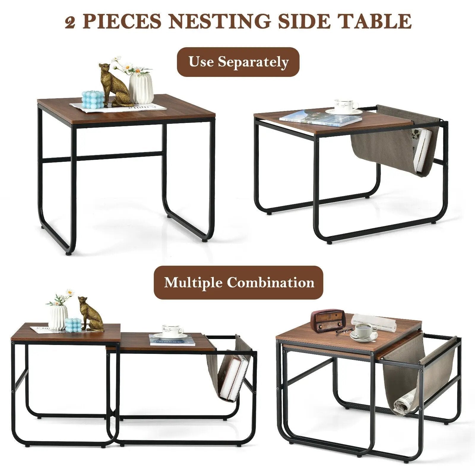Set of 2 Nesting Coffee Tables with Side Pocket for Living Room Bedroom-Rustic Brown by DirectDeals