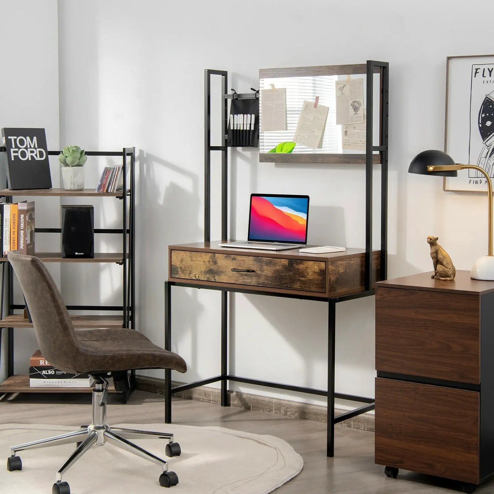 Industrial Vanity Table with 3-Height Adjustable Mirror Bag-Brown by DirectDeals
