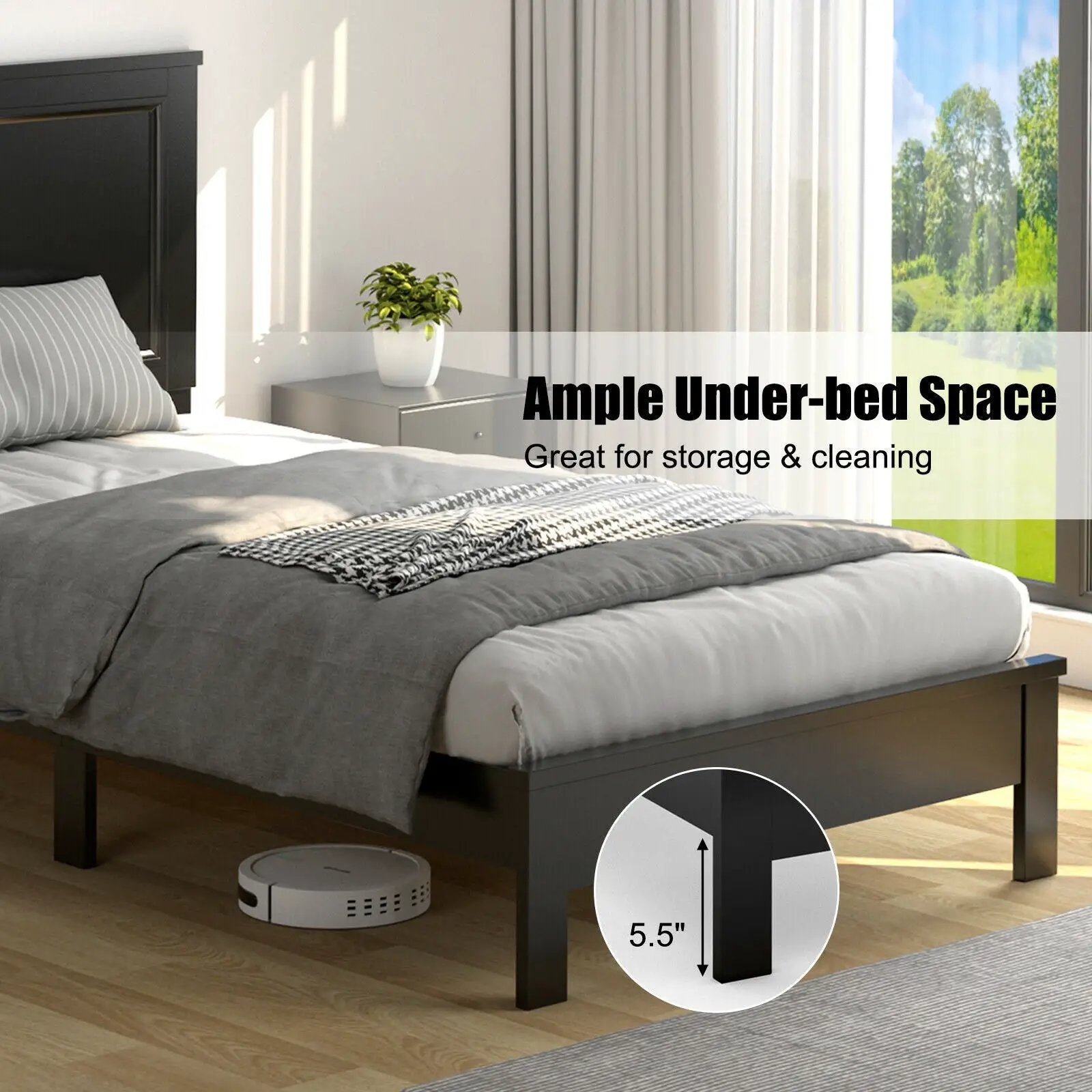 Twin Size Platform Bed Frame with Rubber Wood Leg-Black by DirectDeals
