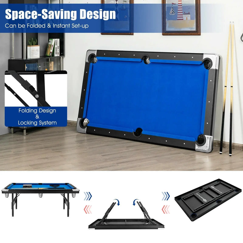 6 Feet Foldable Billiard Pool Table with Complete Set of Balls-Blue by DirectDeals