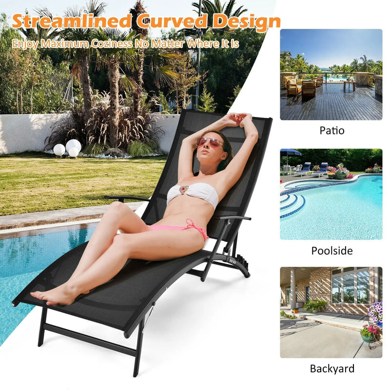 2 Pieces Patio Folding Stackable Lounge Chair Chaise with Armrest-Black by DirectDeals