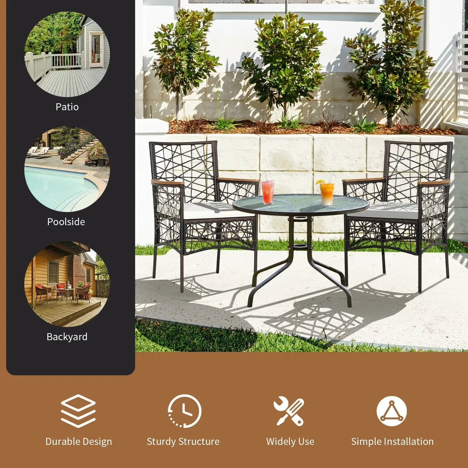 2 Pieces PE Wicker Patio Bistro Dining Chairs with Acacia Wood Armrests and Cushions by DirectDeals