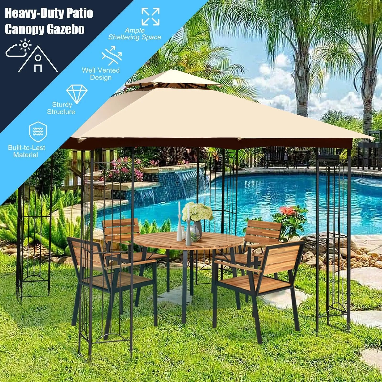 10 x 10 Feet L-Shaped Patio Canopy Gazebo Outdoor 2-Tier Steel Tent by DirectDeals