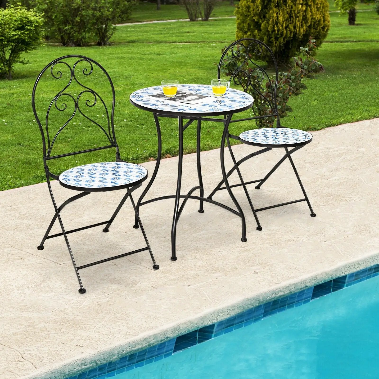 2 Pieces Patio Folding Mosaic Bistro Chairs with Blue Floral Pattern by DirectDeals