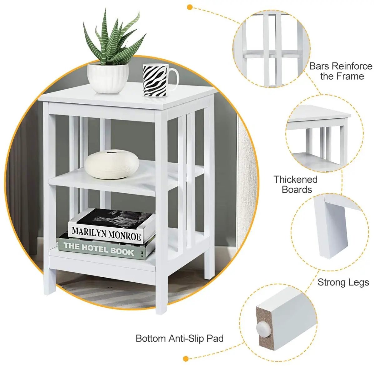 2 Pieces 3-Tier Nightstand with Reinforced Bars and Stable Structure by DirectDeals