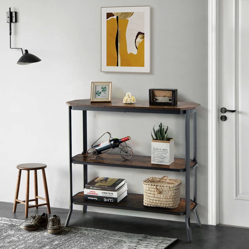 3-Tier Steel Frame Entryway Sofa Console Table for Hallway and Living Room-Rustic Brown by DirectDeals