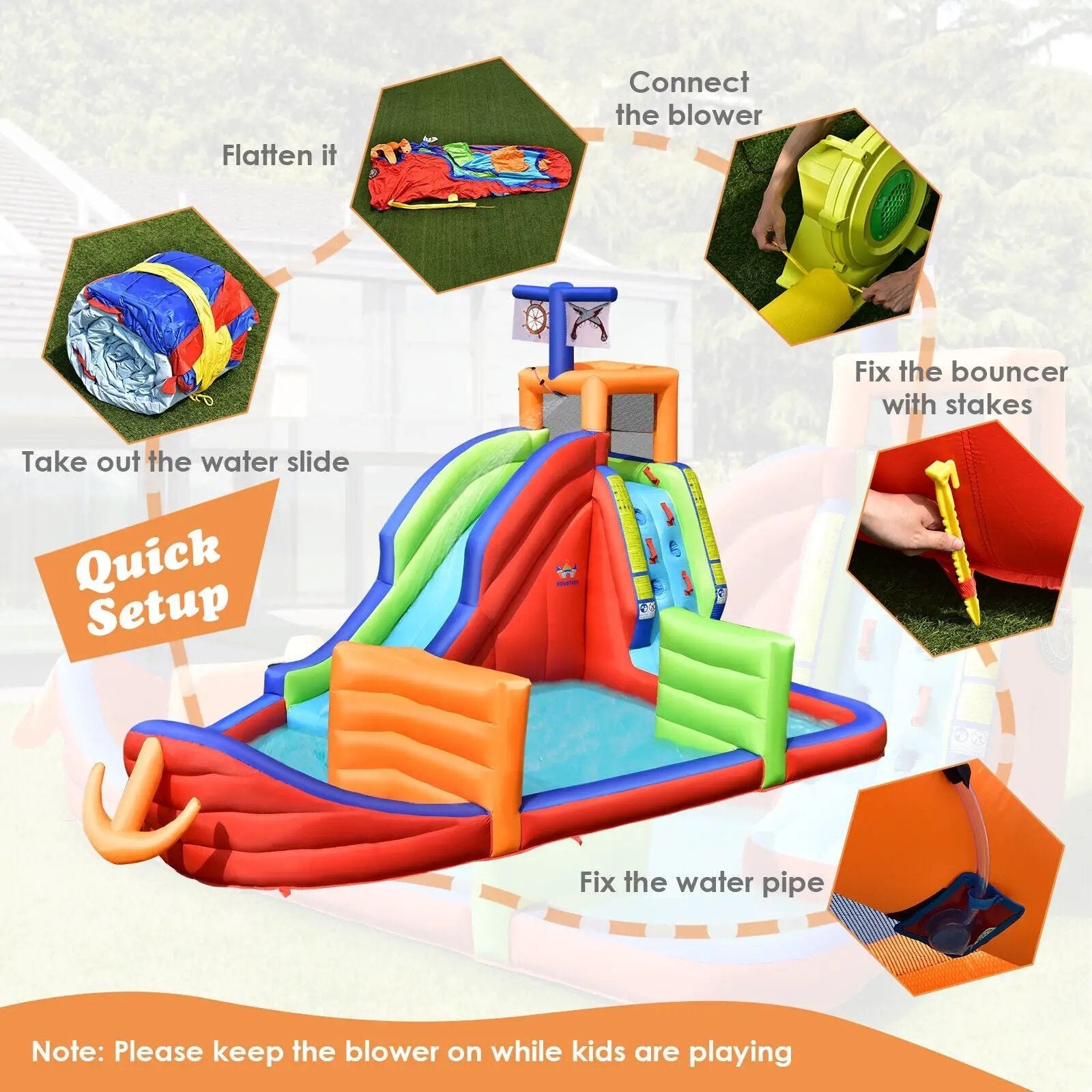 6-in-1 Pirate Ship Waterslide Kid Inflatable Castle with Water Guns and 735W Blower by DirectDeals