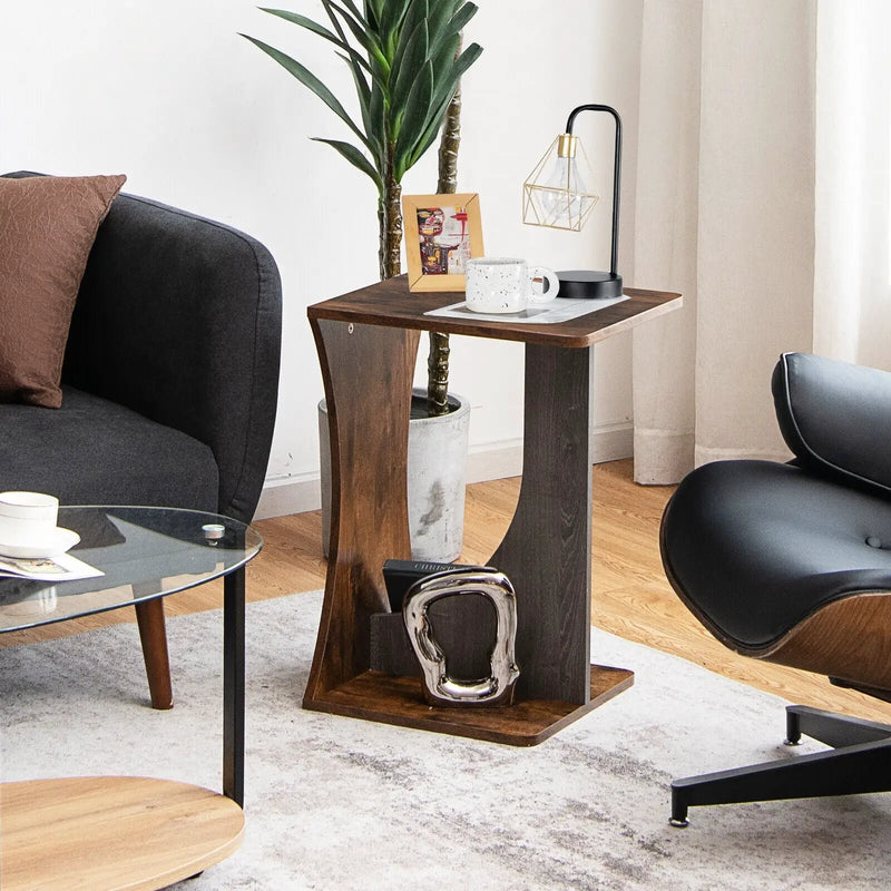 2-Tier Compact C-shape Sofa Side Table-Rustic Brown by DirectDeals