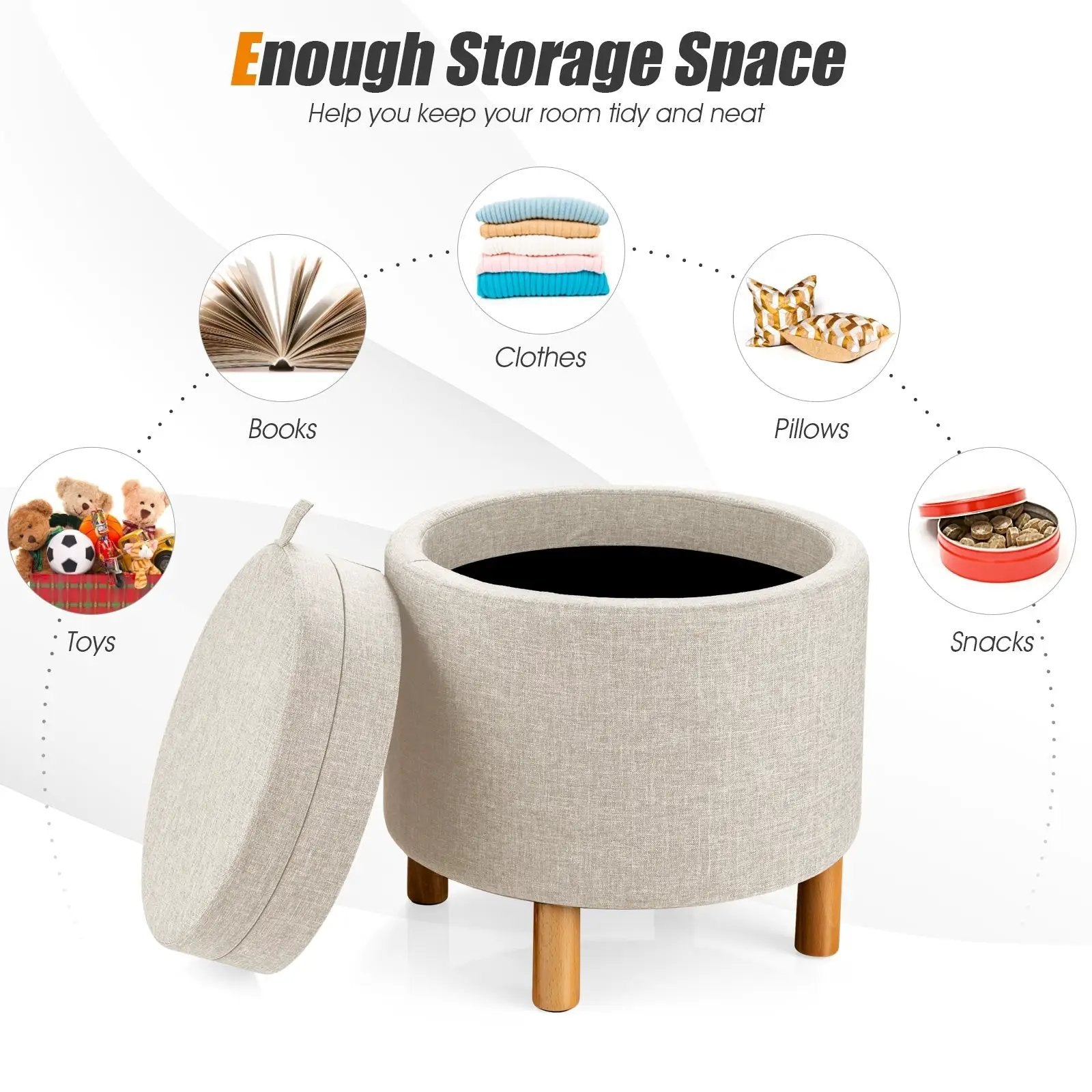 Round Fabric Storage Ottoman with Tray and Non-Slip Pads for Bedroom by DirectDeals