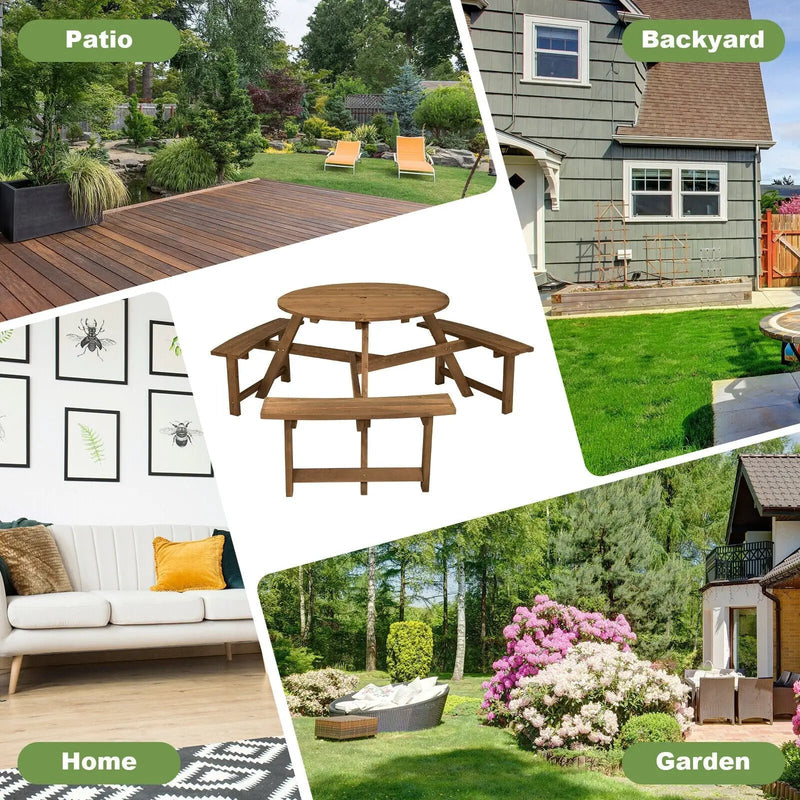 6-person Round Wooden Picnic Table with Umbrella Hole and 3 Built-in Benches-Dark Brown by DirectDeals
