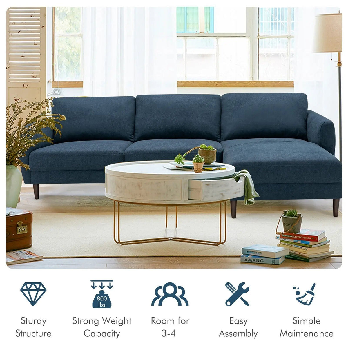 L-Shaped Fabric Sectional Sofa with Chaise Lounge and Solid Wood Legs, photo 13 of 16