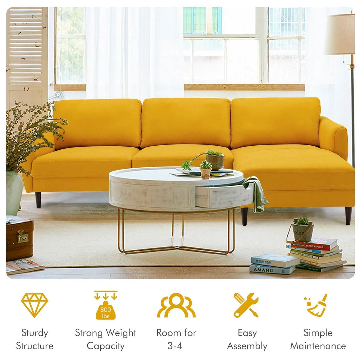 L-Shaped Fabric Sectional Sofa with Chaise Lounge and Solid Wood Legs, photo 14 of 16