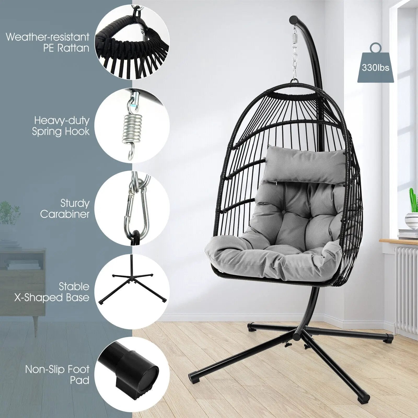 Patio Hanging Egg Chair with Stand Waterproof Cover and Folding Basket-Gray by DirectDeals