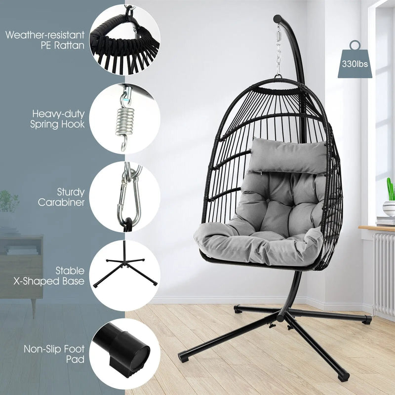 Patio Hanging Egg Chair with Stand Waterproof Cover and Folding Basket-Gray by DirectDeals